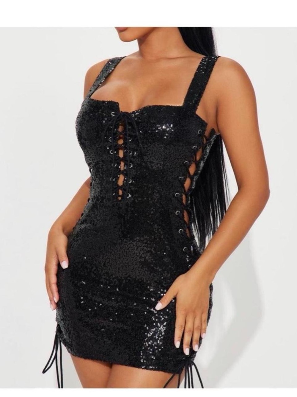Black Sequin Lace-Up Bodycon Dress